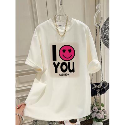Pure Cotton Short-sleeved T-shirt for Women Loose Large Plate New Summer Letters Smiling Lazy Style Mid-length Top