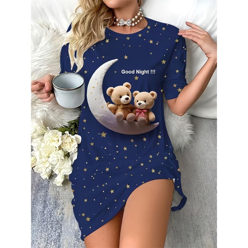 Summer Women's Nightgown Cute Round-Neck Short-Sleeve Dachshund Print Dress—Comfortable and Breathable Loungewear for Home