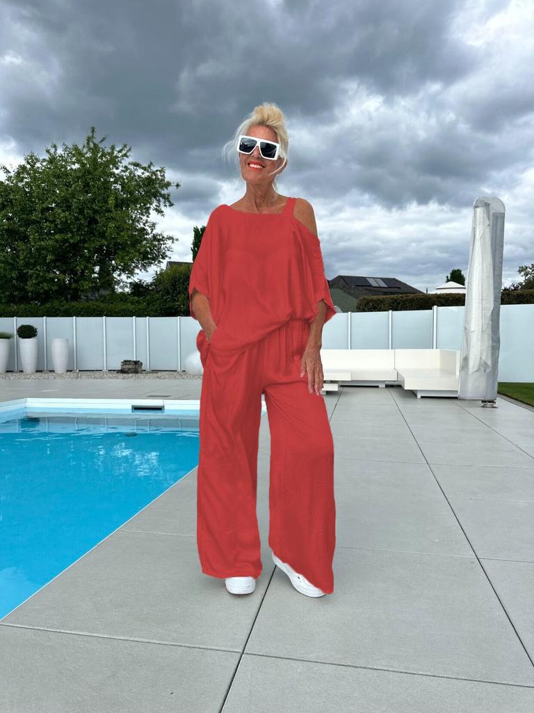 Oregelbunden Krage Dam Tvådelad Set - Casual Topp & Långbyxor