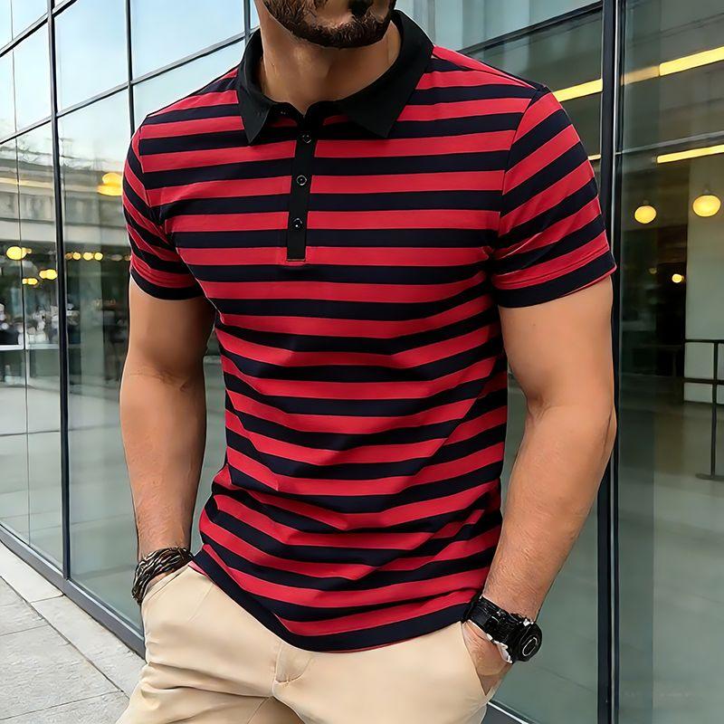 Summer Men's Classic Striped Polo Shirts Short Sleeve Breathable Casual T-Shirt Contrast Color Lapel Collar Streetwear Basic Top
