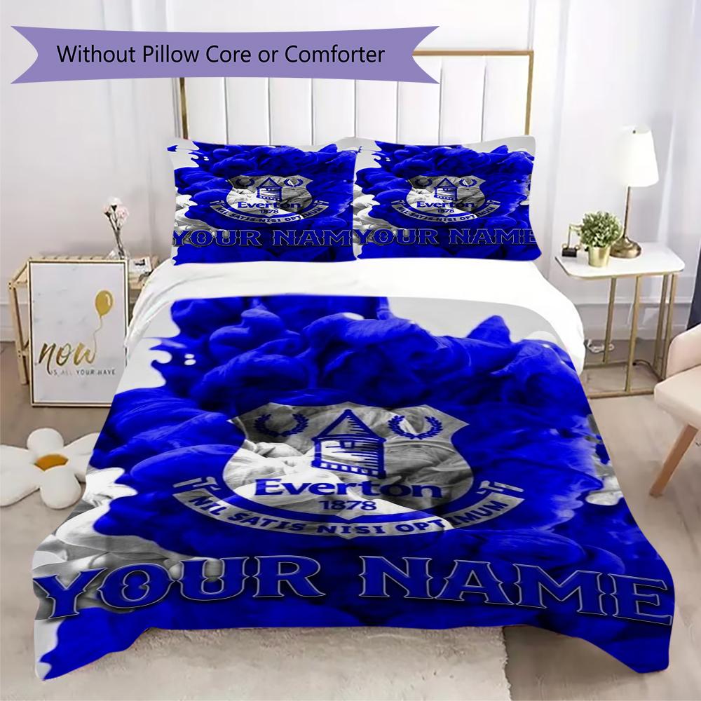 Benutzerdefinierter Name Everton FC Muster Bettwäsche Steppbett Set Steppbettbezug Kissenbezug Heimdekoration Geburtstagsgeschenk (1*Bettbezug+2*Kissenbezug ohne Füllung)