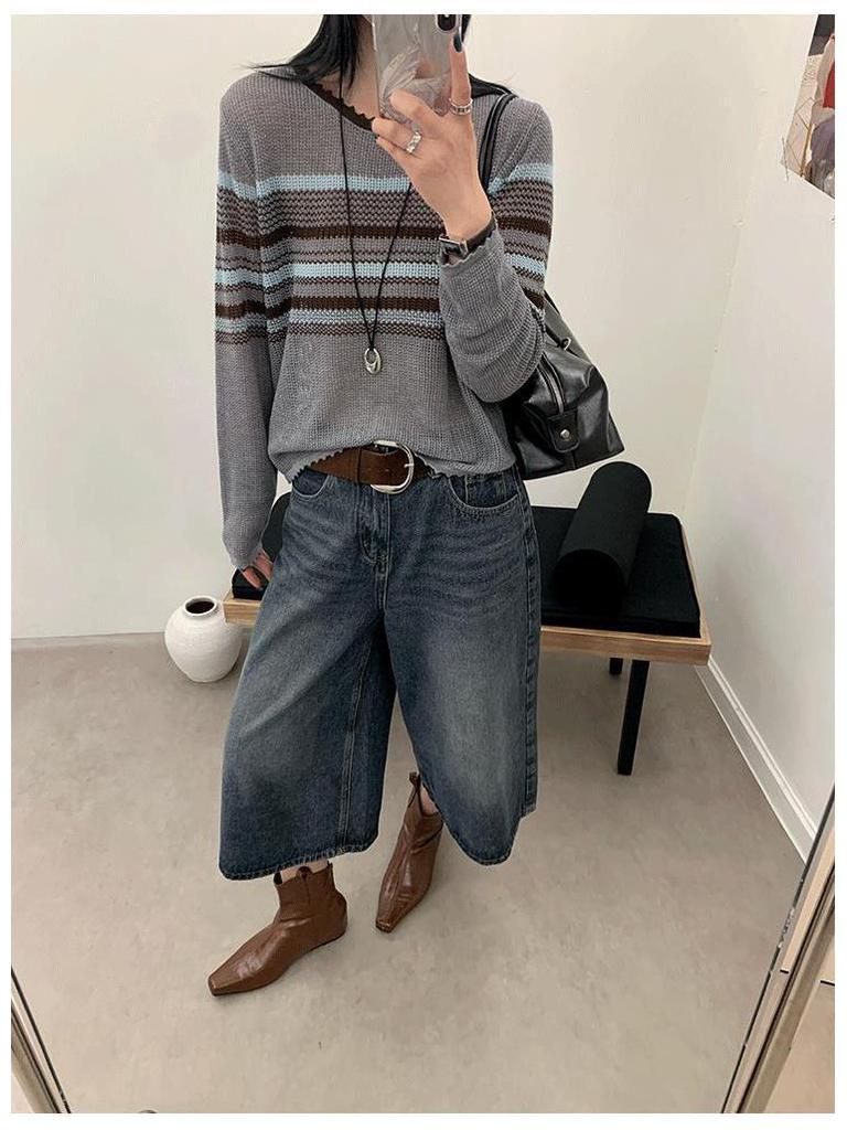 Chic Korean-Style Striped Knit Sweater for Women - 2025 Long Sleeve Hollow Out Top