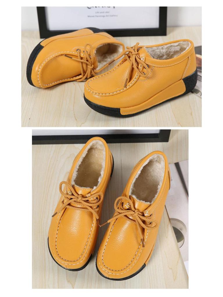 Dámské mokasíny na platformě z pravé kůže v korejském stylu - Sametové, bavlněné, silná podrážka, zvyšující výšku, ležérní, všestranné, teplé boty