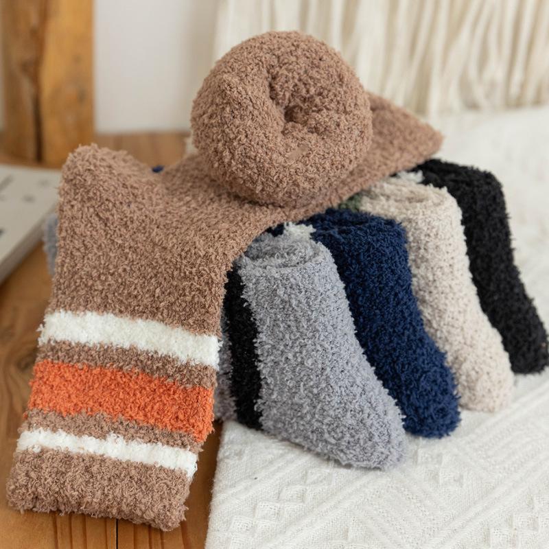 5/10 Pairs Striped Coral Fleece Socks for Men Winter Thickened Warm Mid Calf Socks Home Floor Socks Comfortable