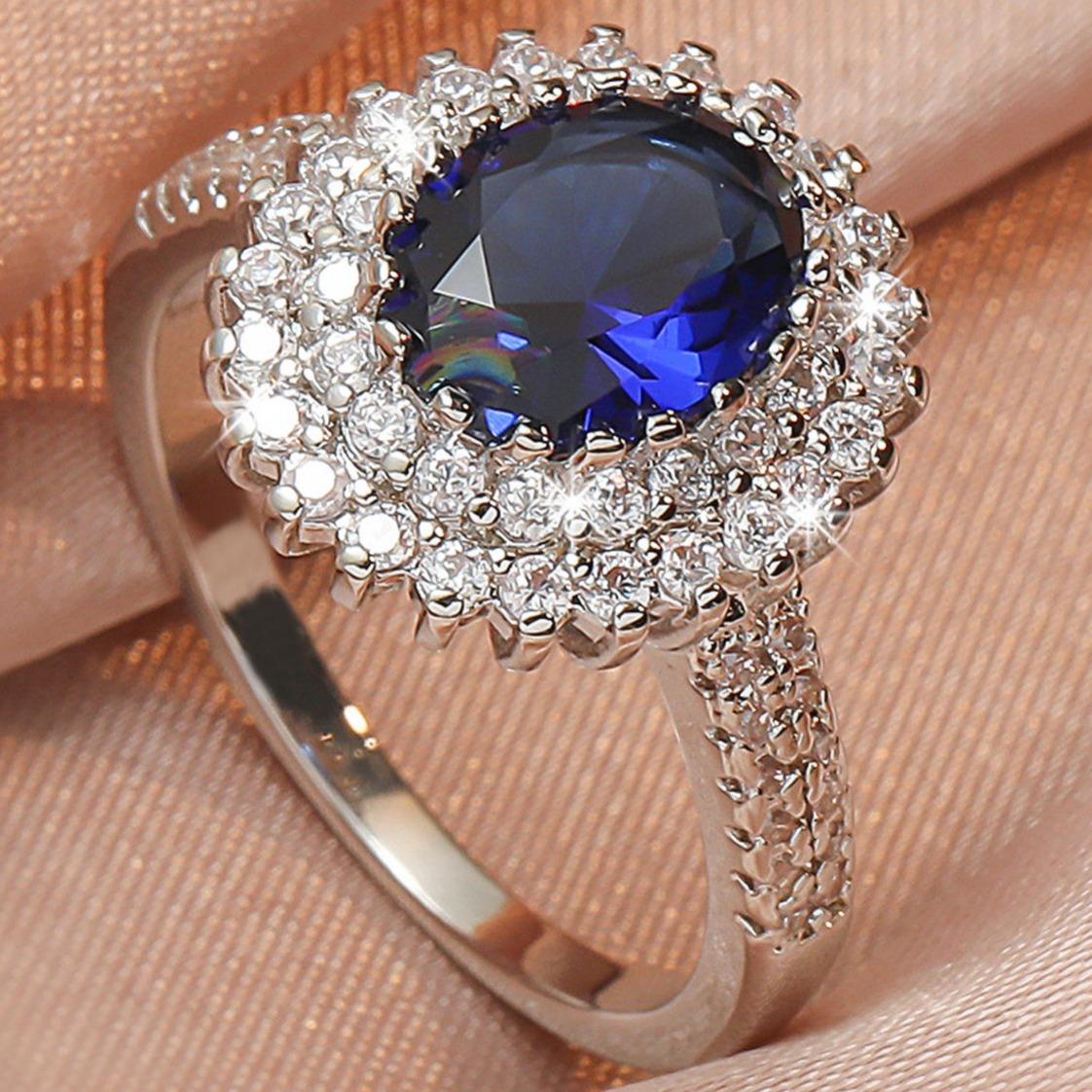 

Elegant Women s Blue Glass Zirconia Halo Ring - Sophisticated Copper Wedding Band with Crystal Accents, Ideal for Daily Wear & Gifting, Perfect Valent 7