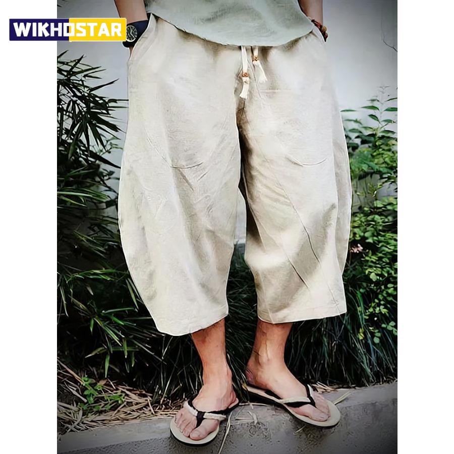 Sommer Strand Baumwolle Leinen Lässige Shorts Herren Japanische Weite Beine Baggy Caprihosen Herren Sport Laufshorts