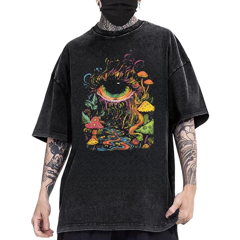 T-shirt Grafica Vintage da Uomo Taglia Europea Pesante Lavata Streetwear Tee Camicia Casual per Tutte le Stagioni Stile Urbano Quotidiano Usurata