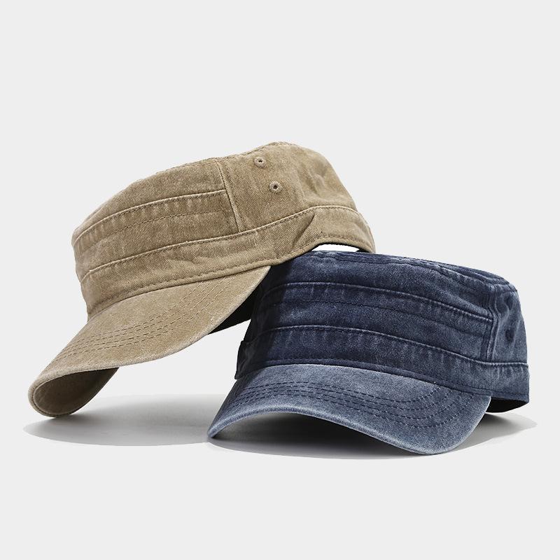 British Navy Retro Washed Vintage Flat Top Baseball Cap Unisex Military Training Short Brim Sunshade Solid Color Plain Hat