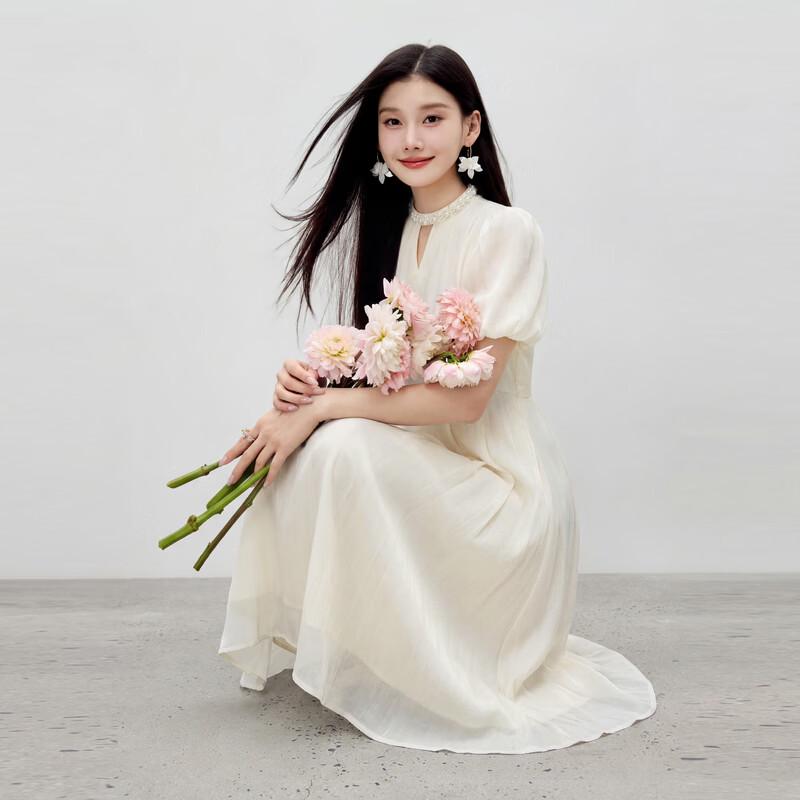 French Style Satin Puff Sleeve A-line Long Dress XL