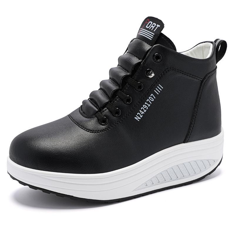 Women's Black Sneakers Height Increase White Leather Boots Platform Casual High Top Thick Sole Elevator Shake Shoes for Students