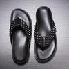Fashion Men's Rivet Decoration Black Genuine Leather Slipper Shoes Flat Heel Slip On Male Outside Beach Leisure Sandals Shoes