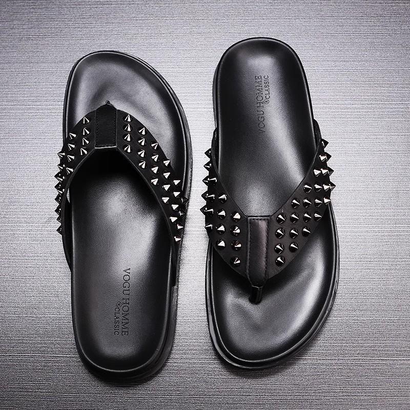 Fashion Men's Rivet Decoration Black Genuine Leather Slipper Shoes Flat Heel Slip On Male Outside Beach Leisure Sandals Shoes