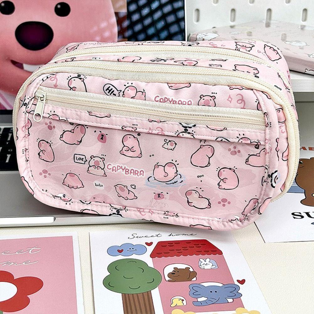 Pink Capibara Pencil Case Large Capacity Storage Bag Multi Functional Stationery Bag  Students