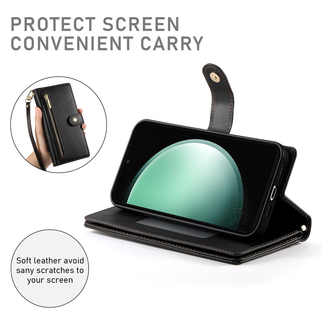 DF-011 For Samsung Galaxy S24 FE Case Zipper Pocket Wallet Leather Phone Cover with Straps
