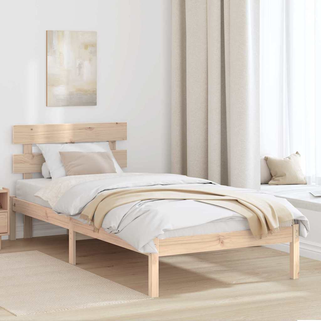 Brown Bed Frame with Headboard 90 X 190 Cm Solid Pine Wood