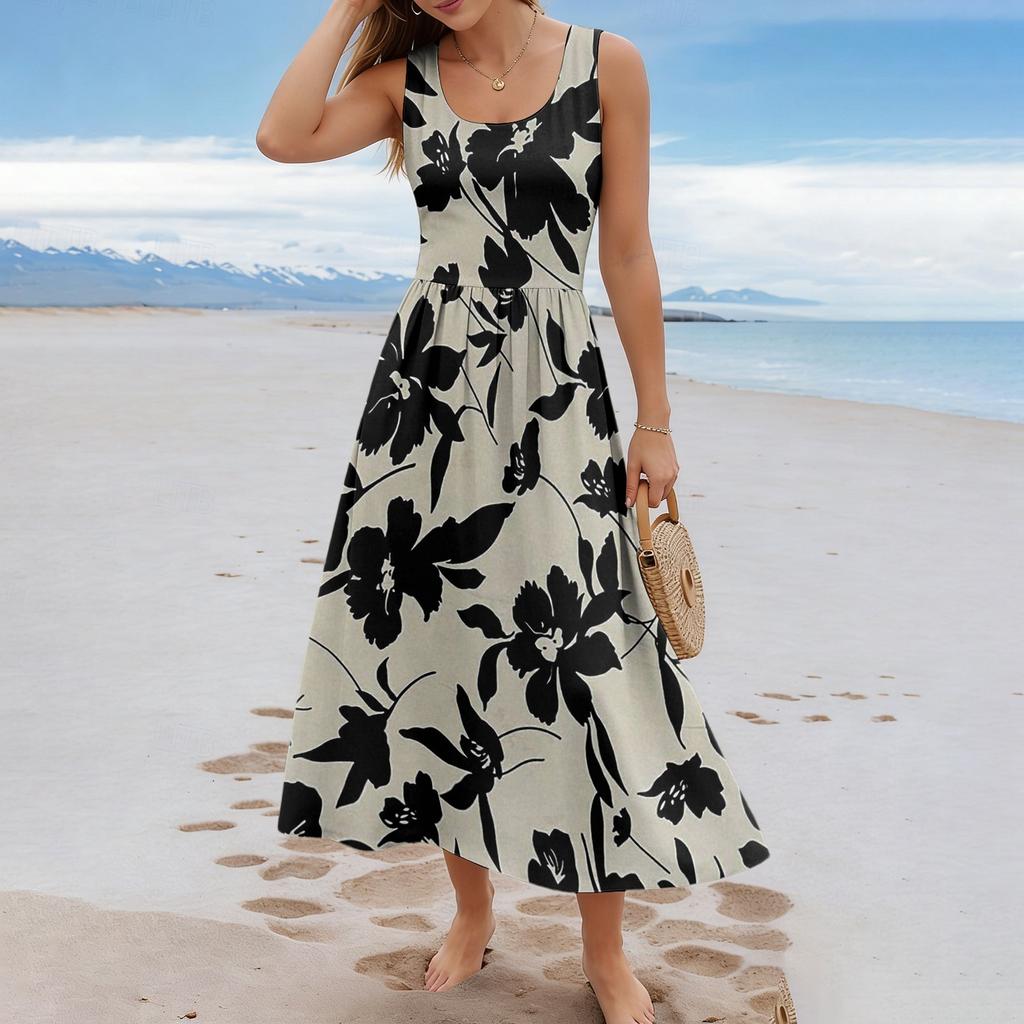 Damska kwiecista letnia codzienna i modna bezrękawnikowa długa sukienka