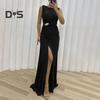 Rochie de seară pentru doamnă Tiv cu fantă plisată Lungime la podea Culoare unită Decor cu strass Fără mâneci Gât rotund Talie înaltă Decor cu strasuri Cocktail de bal
