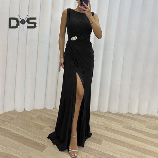Rochie de seară pentru doamnă Tiv cu fantă plisată Lungime la podea Culoare unită Decor cu strass Fără mâneci Gât rotund Talie înaltă Decor cu strasuri Cocktail de bal