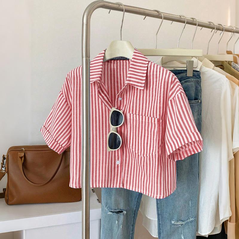 ZANZEA Women Turn Down Collar Summer Short Sleeve Stripe Blouse