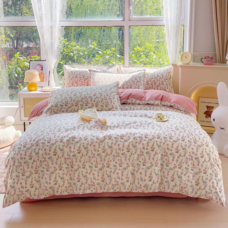 Pure Cotton Abraded Bedding Four-piece Set, Bed Sheet Quilt Cover, Dormitory Cotton Three-piece Set