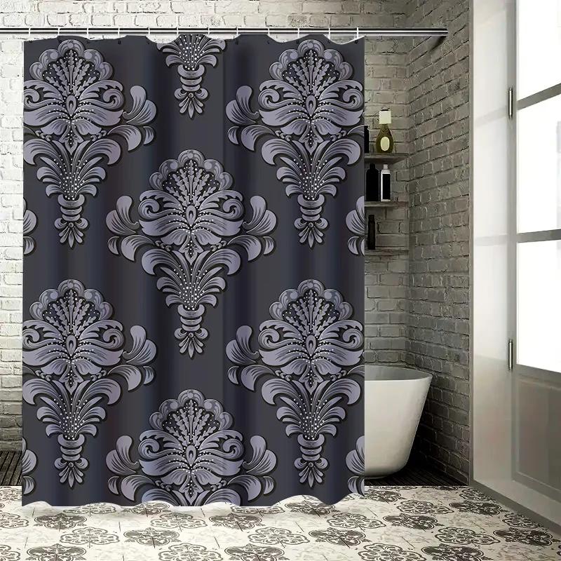 Luxury Damask Shower Curtain Black Grey Floral Print Fabric Waterproof Bathroom Decor 72 x 84 inches (183cm x 213cm)
