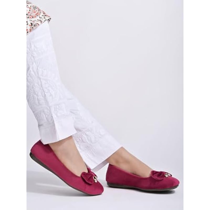 

Shoetopai Women S Cherry Velvet Ballerina Flats With Bow & Pearl Detail Elegant Slip-On Belly Shoes For Casual & Party 7 UK Вишня
