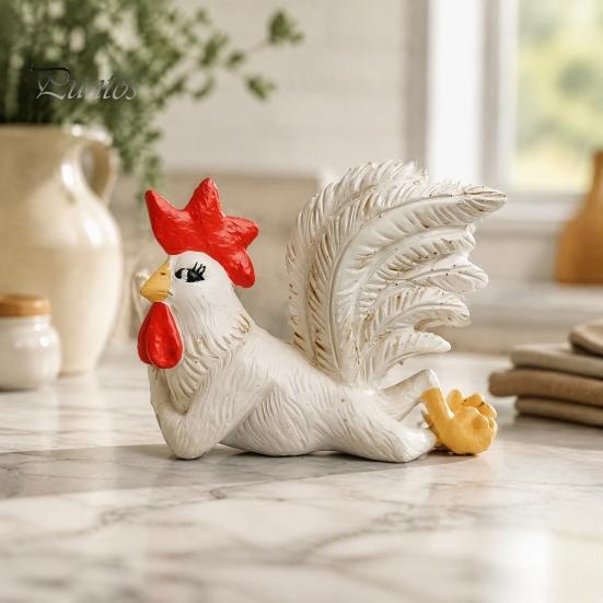 Shelf Decorations for Living Room White Rooster Statue with Enchanting Posture & Long Eyelashes, Creative Table Art Sculpture, Funny Resin Pastoral