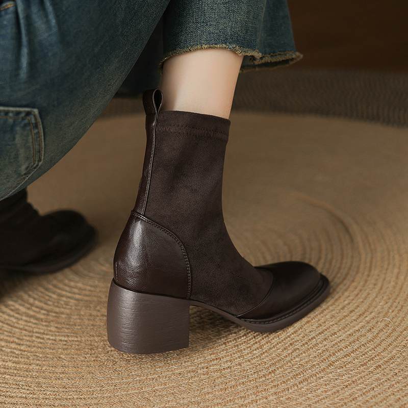 Krazing Po Microfiber Flock Winter Round Toe Size 33 Chelsea Boots Size 43 Zipper Thick High Heels Elastic Ankle Boots