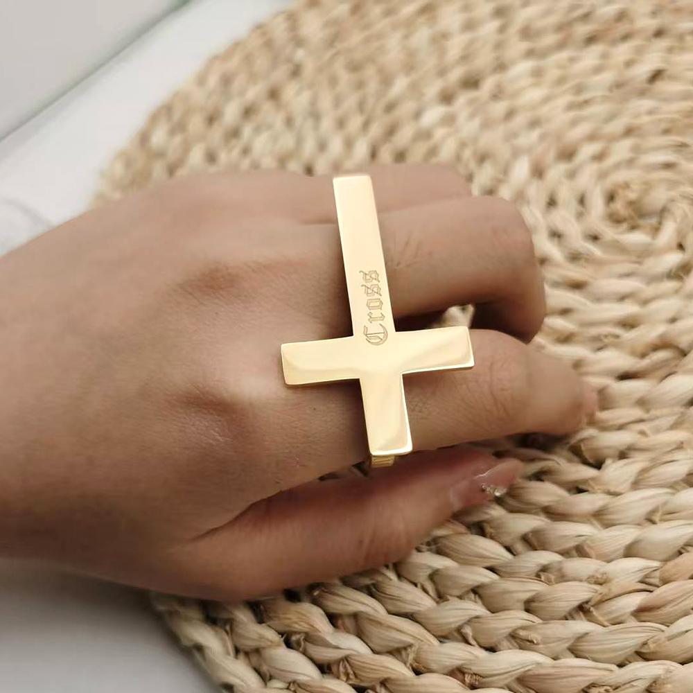 Custom Cross Ring Two Finger Ring Engraving Name Silver Stainless Steel Ring Men Knuckle Jewelry Personalized Gift for Boyfriend