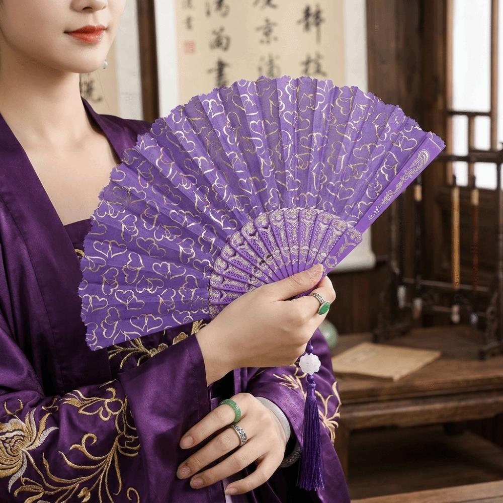 Chinese Style Folding Fan with Tassels Portable Cheongsam Dance Fan Classic Decorative Hand Cranked Fan For Dancing