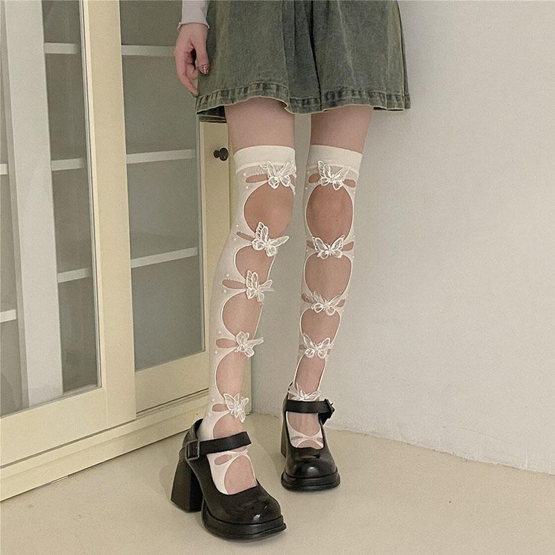 

Three Dimensional Butterfly High Tube Socks With White Lace Pattern Cute Sexy Lolita Thigh Knee Socks Spring M
