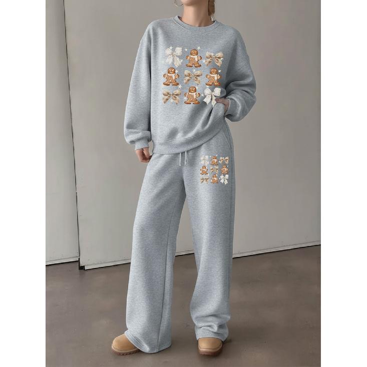 Women's Christmas Print Crewneck & Wide-Leg Pants Set, Soft Chic Long Sleeve Lounge & Athleisure 2-Piece Outfit for Fall Winter