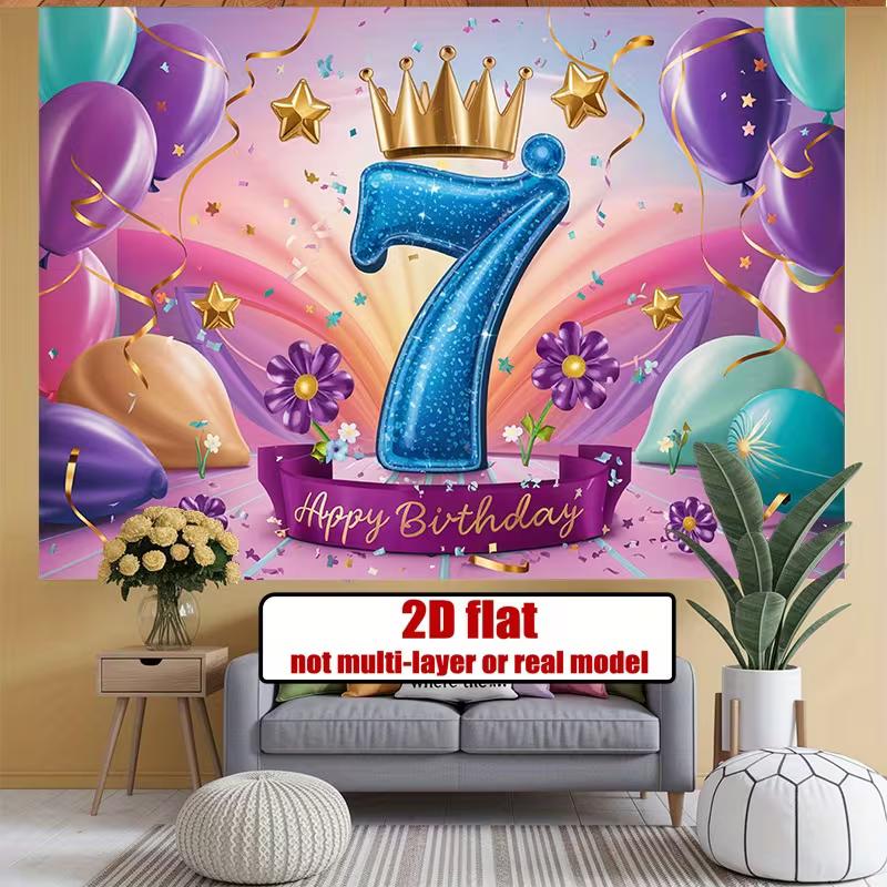 2D Happy 7th Birthday Backdrop Purple Teal Balloon Party Photo Banner