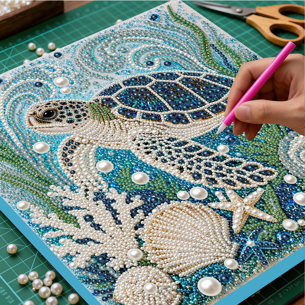 Ocean Theme DIY Pearl Diamond Painting Art Kit, Turtle Jellyfish Marine Animal Pearl Beads Art Craft Set, for Adults & Beginners