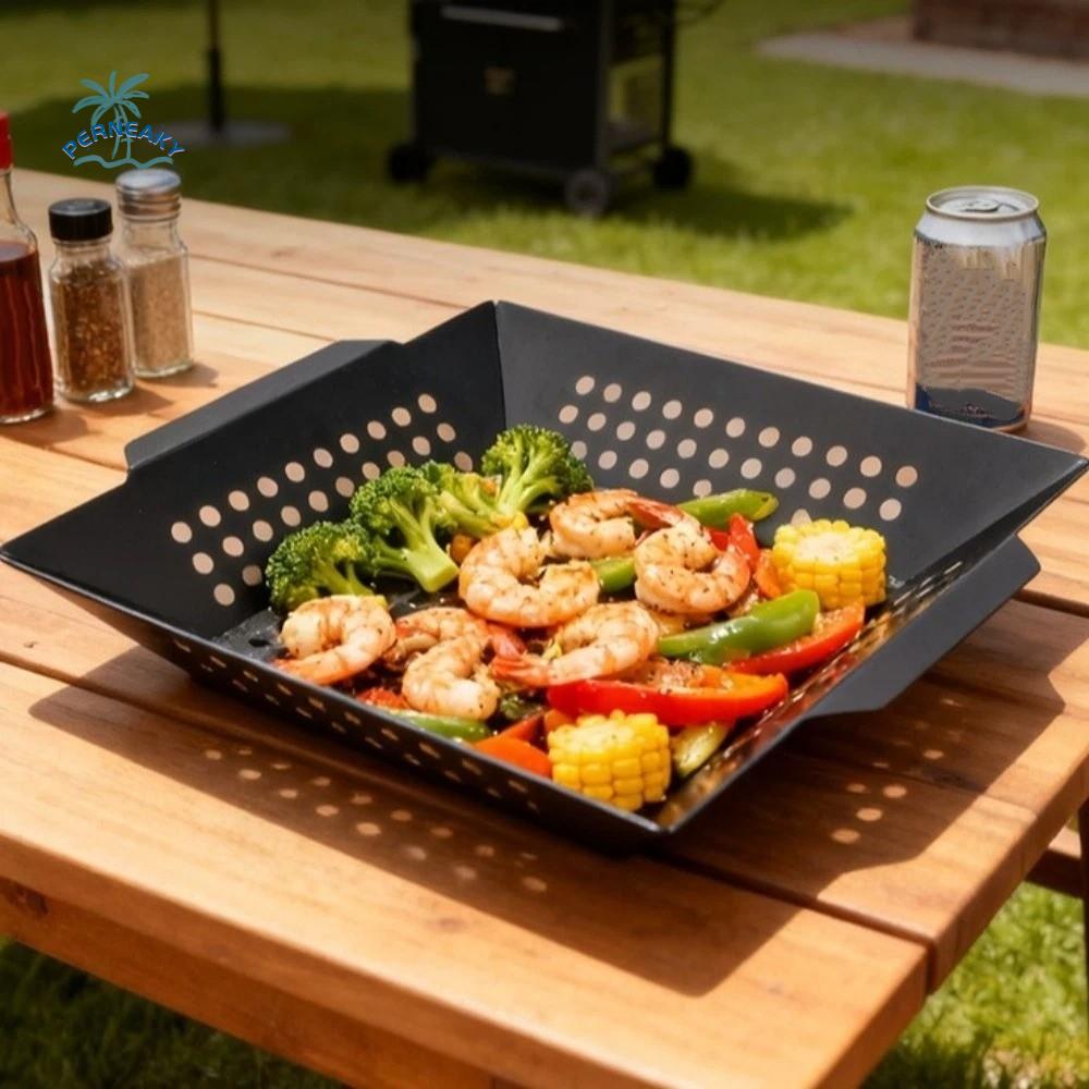Grill Tool Heat Resistant Barbecue Grill Pan Non-Stick Coated with Drain Holes Grill Basket Cast Iron Square Grill Tray Picnic