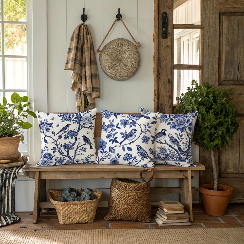 1/4 Stück Blaue und Weiße Vogel- und Blumenmuster-Kissenbezüge Sofakissenbezug Heim Schlafzimmer Zimmer Dekoration