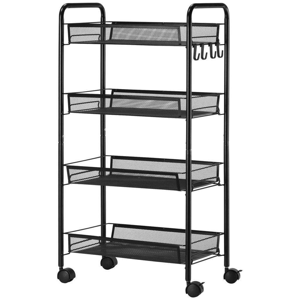 Rolling Cart with 4 Hanging Baskets, Serving Cart On Casters, Mobile, Removable Hooks, Steel, 45 X 26.5 X 84 Cm, Black