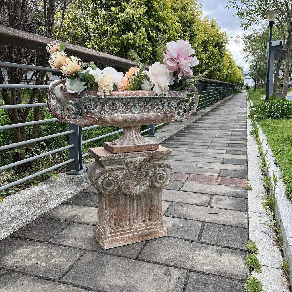 Vintage Magnesium Oxide Double-Ear Flower Pot with 3D Roman Relief for Villa Courtyard Decor