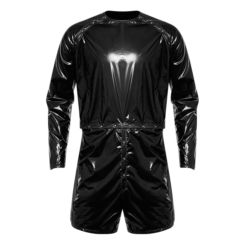 S-3XL Tuta da Sauna Impermeabile per Uomo Tuta Intera a Maniche Lunghe Pulsanti sulle Spalle Vita Cavallo Boxer Staccabili Body per Costumi da Bagno
