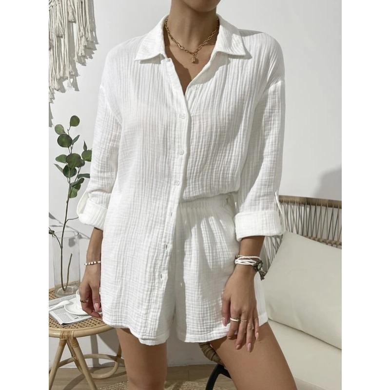 Women's Spring and Summer Fashion Solid Colour Long-sleeved Shirt Suit Women Casual Loose Shorts Two-piece Set