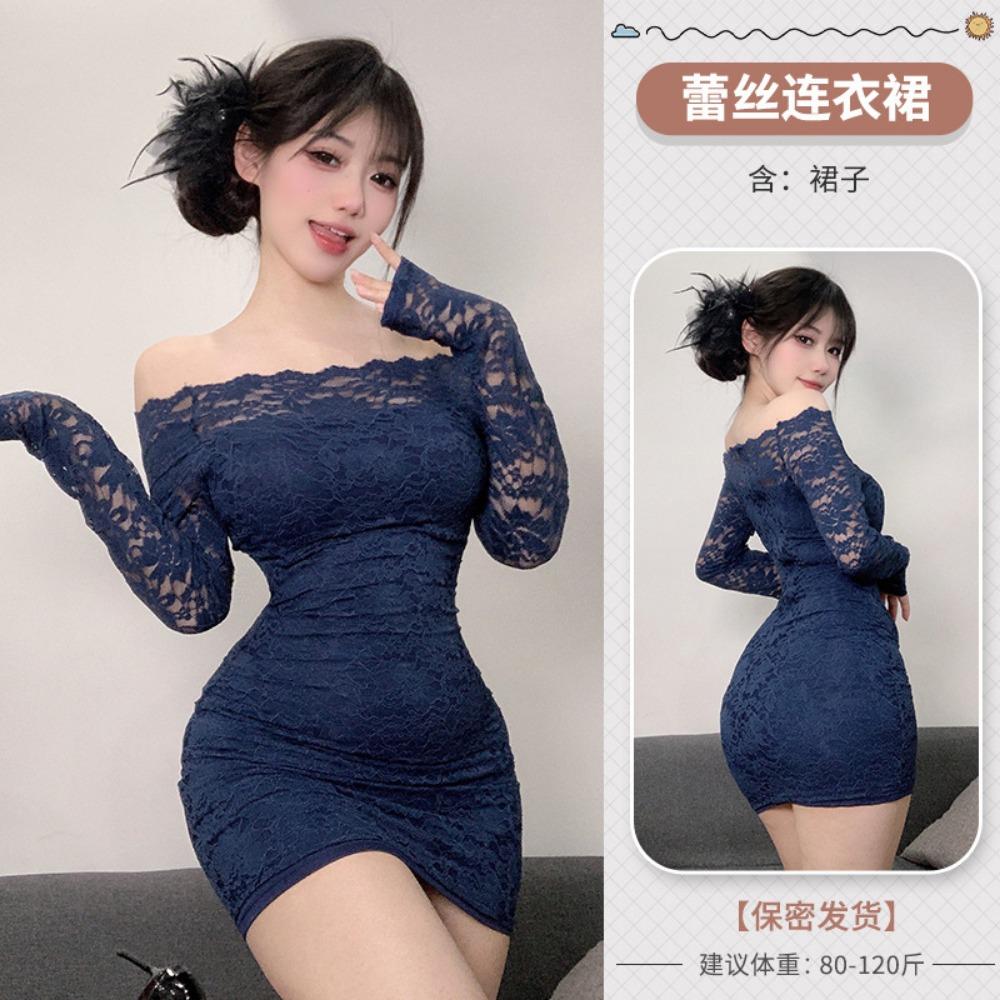 Domila's New Erotic Pure Lust Style Lace Temperament One-word Shoulder Dress Women's Sexy Tight Hip Skirt