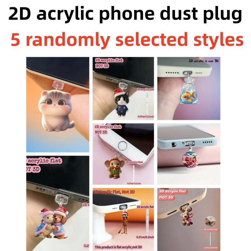 2D Acrylic Style Random 5-Piece Phone Dust Plug, Bright Colors, Long-Lasting, Dust-Proof and Durable, Suitable for Holiday Gifts