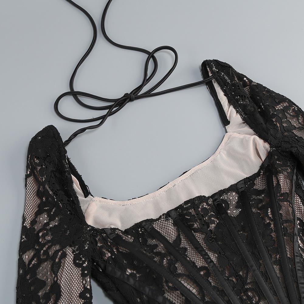 Europäisches & Amerikanisches Sexy Spitzen-Netz-Kleid mit Fischbein-Taillenformer – Langärmlig, Herbst/Winter Kurzer Rock