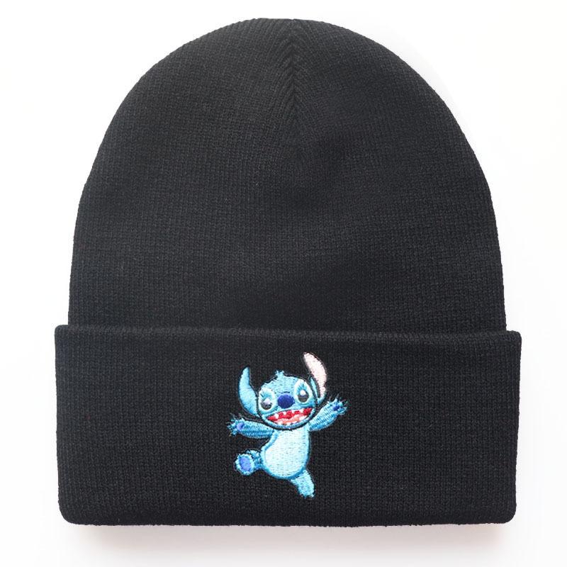 

Unisex Student Cartoon Stitch Embroidered Knit Hat Outdoor Pullover Warm Hat Hip-Hop Beanie Adjustable чёрный