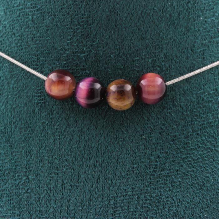 Collier - ABIJOUX - Oeil de Tigre violet bicolore - 4 perles - Acier inoxydable - 45 cm