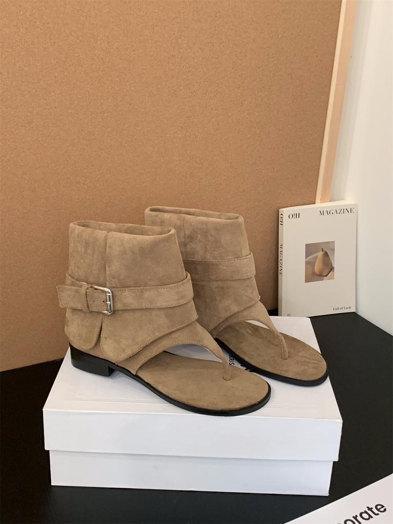 Salto grosso bico cáqui botas frescas botas curtas botas femininas 2025 novo verão com saia botas western sandálias de verão