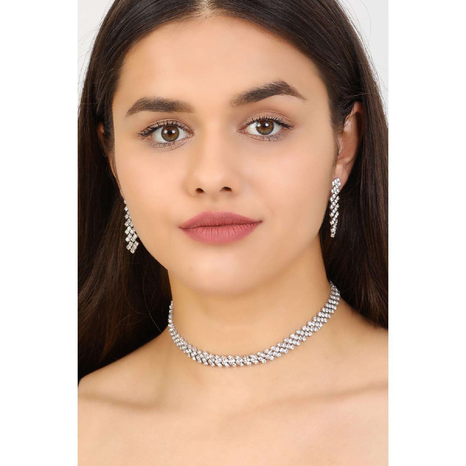 

Женская модель креста с камнем, серебром и бриллиантами, ожерелье с водной дорожкой, серьги, вечернее платье, свадебное платье, обещание хны, комплект свадебных украшений