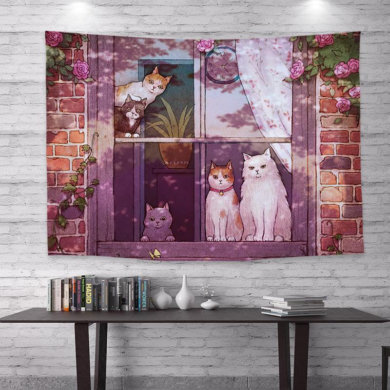 Cat Illustration Tapestry Home Decor Aesthetics Children's Room Decoration Bedroom Living Room Backdrop Decoration Tapestry