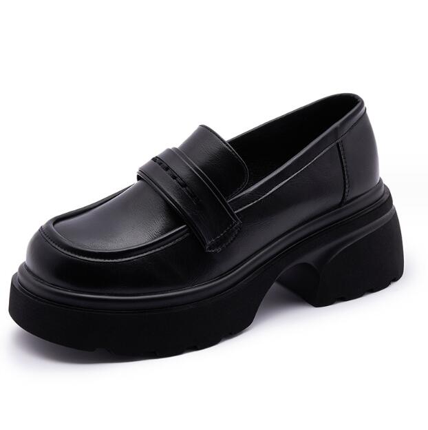 New Thick-soled College Style Casual Loafers Black Genuine Leather Fashion Pumps Girls Heels Shoes Female Women British Style