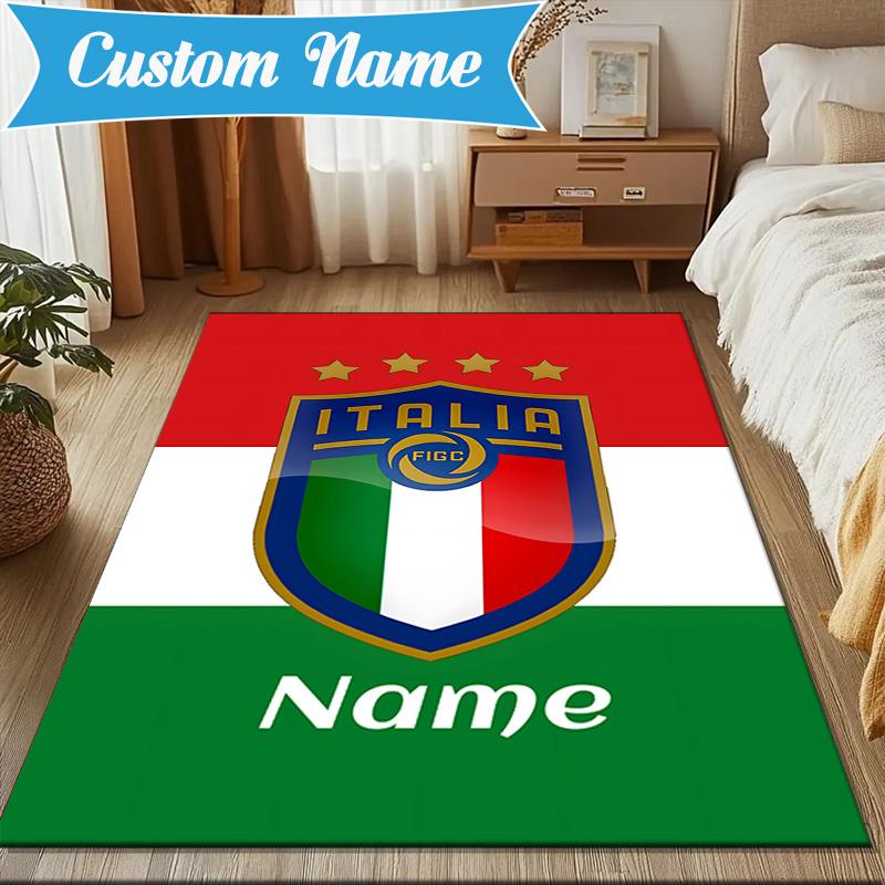 Custom Name Italian Football Crest Rug Game Carpet, Floor Mat for Bedroom Living Room Entryway Rug, Home Decor Idea Gift for Christmas birthday
